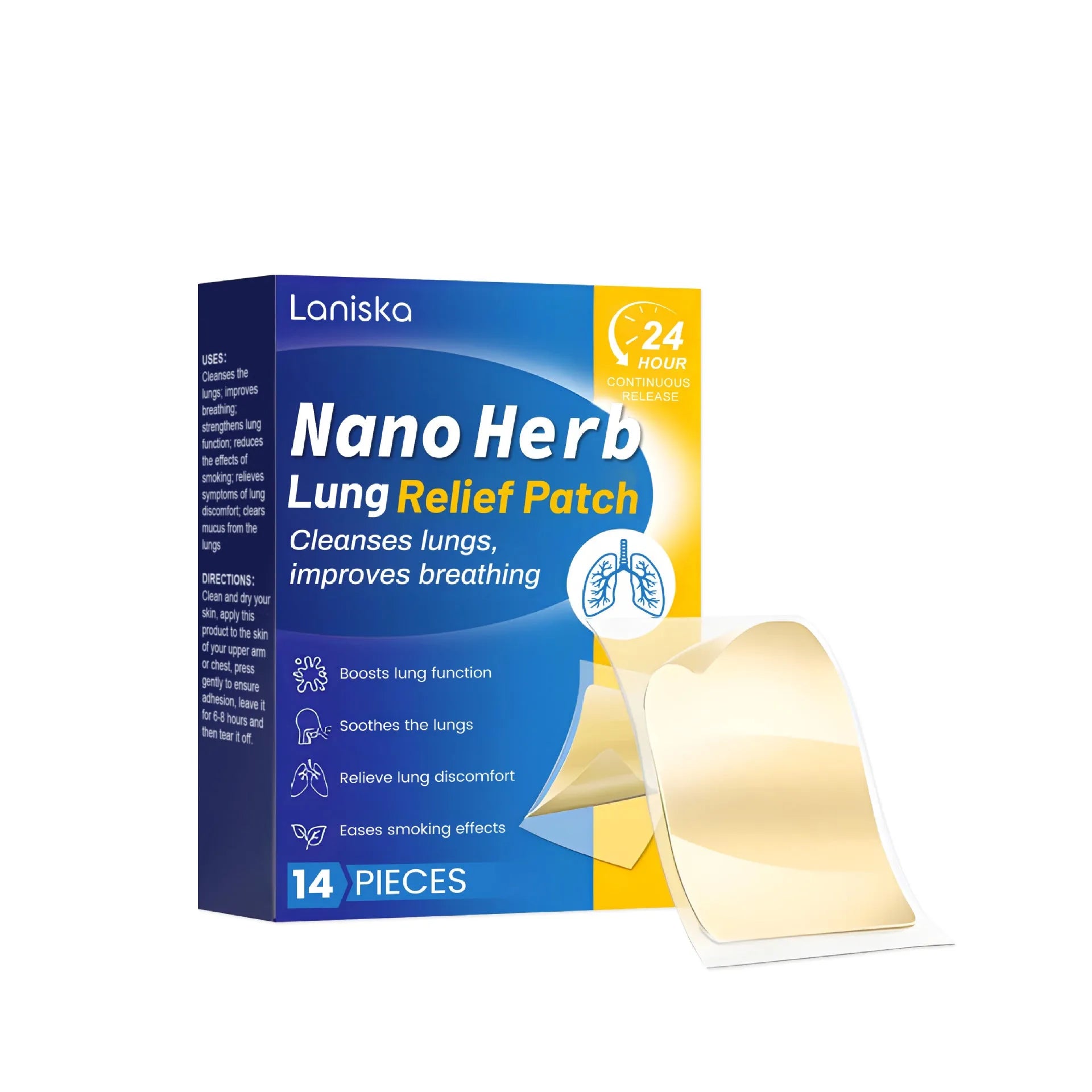 Box of Lung Care Soothing Patches containing 14 pieces for topical application.