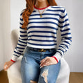 Sapphire blue striped knitted pullover sweater with round neck and long sleeves