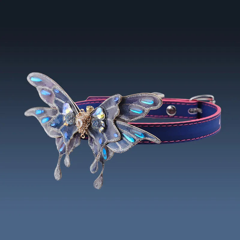 Purple colour-changing butterfly rhinestone collar with alloy pendant on a PU chain.