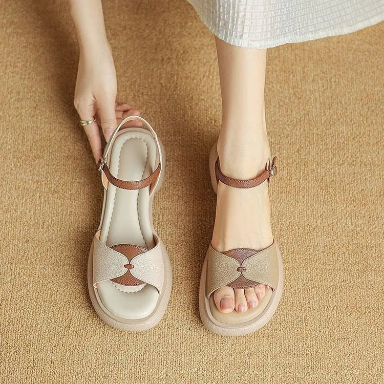 Women's chunky heel open toe sandals in renewable leather with rubber platform soles