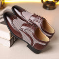 Men's casual leather shoes with houndstooth plaid pattern in black, brown, wine red or yellow colours