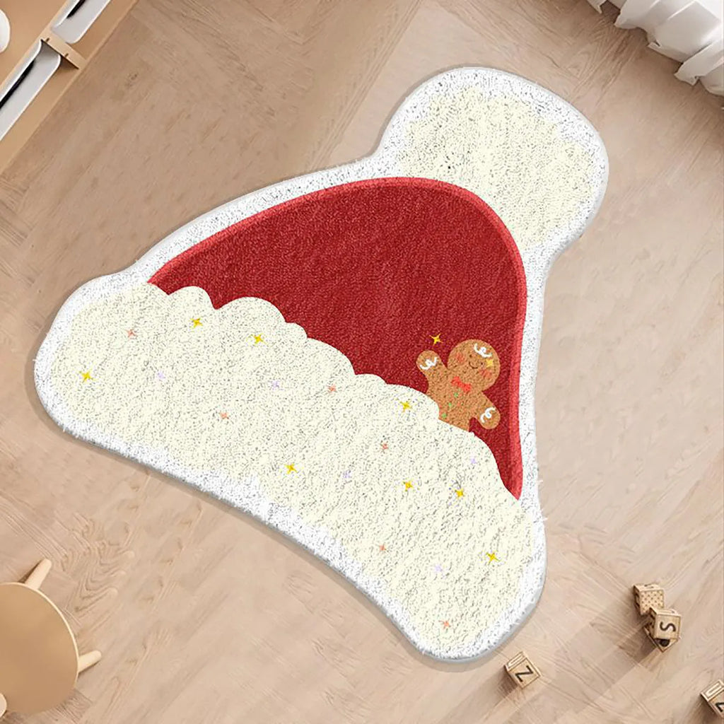 Round Christmas-themed floor carpet in imitation cashmere, showing one of six festive colour patterns.