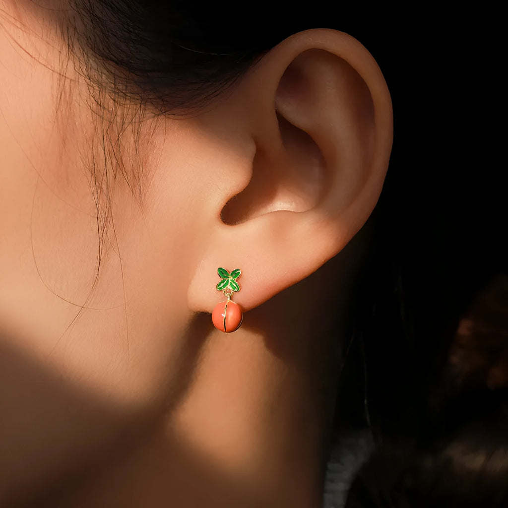 Sterling silver stud earrings with lucky persimmon fruit design in New Chinese style