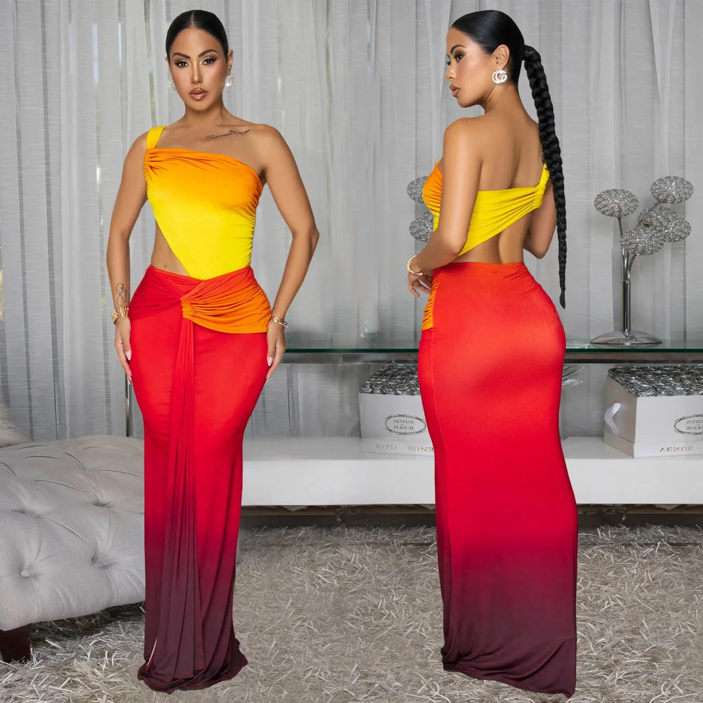 Women's gradient colour sleeveless dress with a cross-shoulder neckline and long A-line skirt.