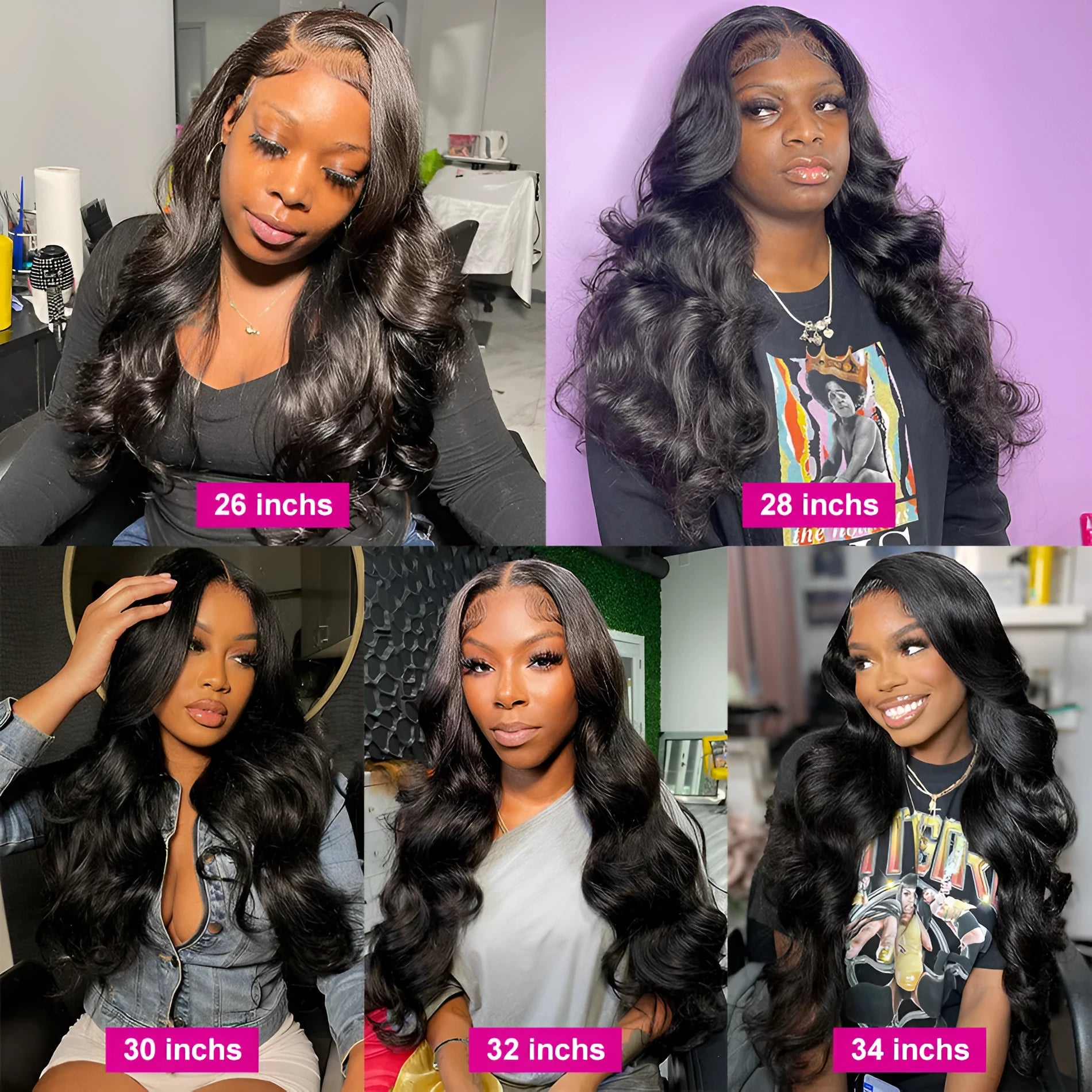 Black synthetic front lace wig with long curly hair and side bangs on a wig stand.