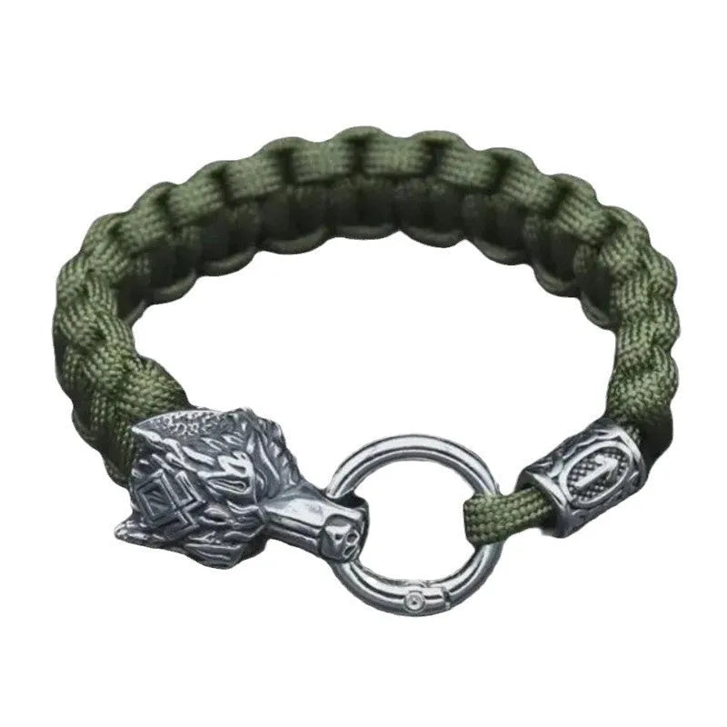 Polished stainless steel wolf head bracelet with camouflage colour finish showing detailed animal modelling