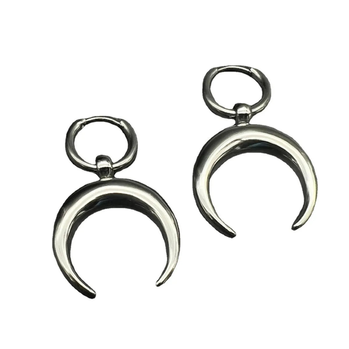 Silver geometric hoop earrings with gothic moon ornament, clip-on design