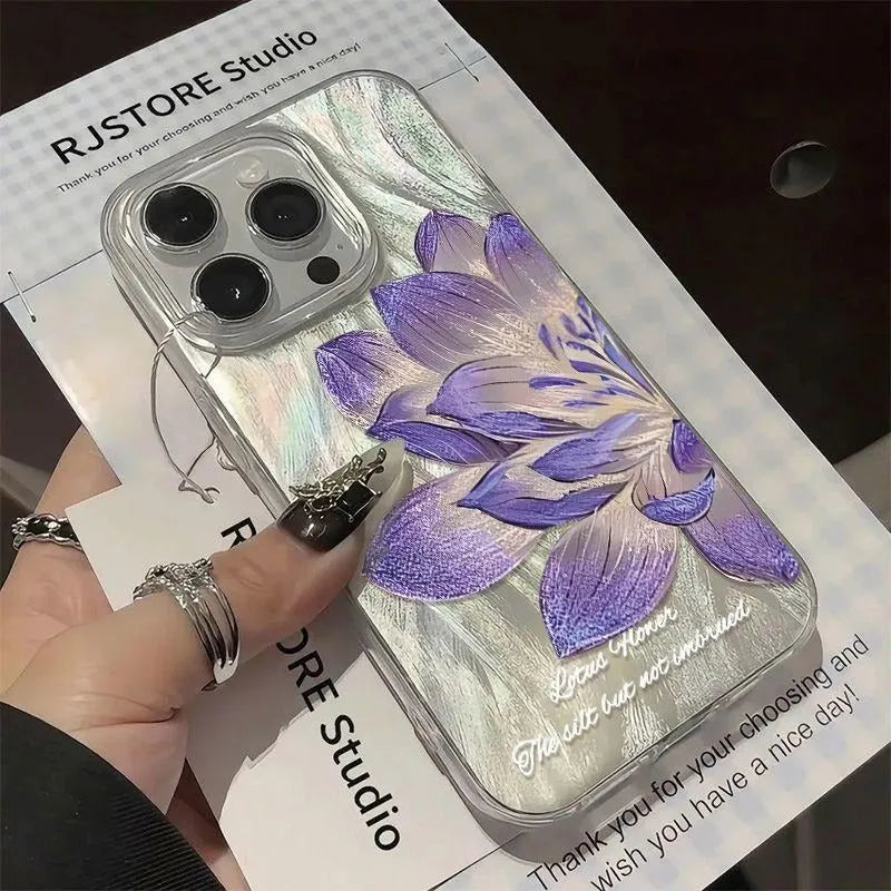 Transparent blue lotus fairy pattern iPhone hard case showing front and back views
