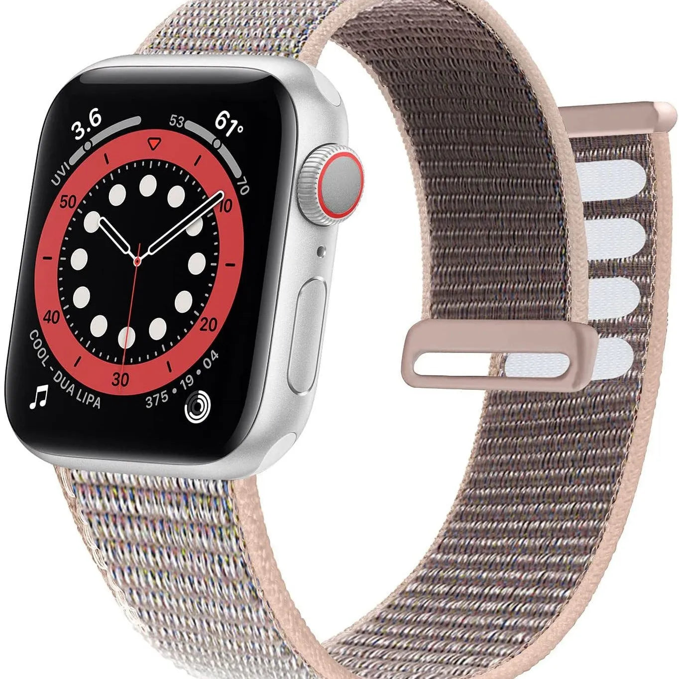 Woven nylon Apple Watch strap in multiple colours including pink sand and rainbow patterns