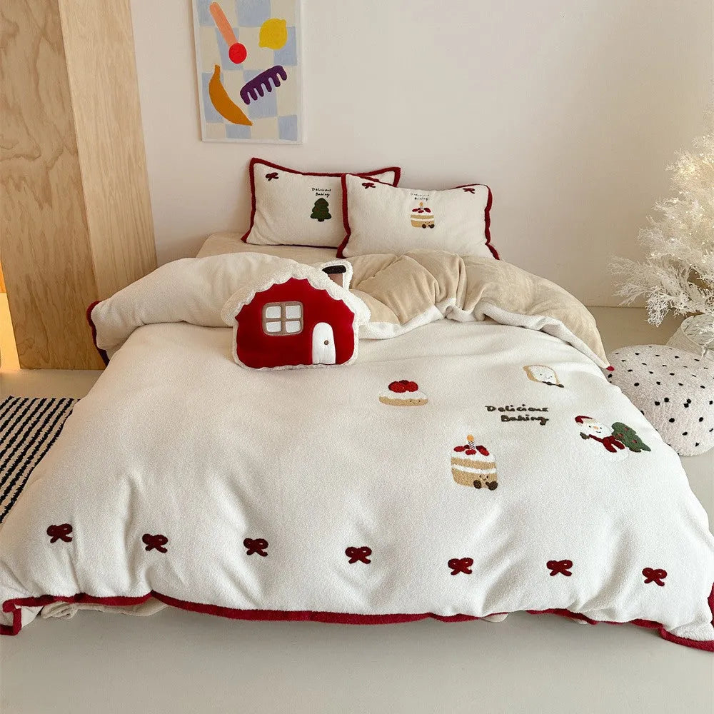 Winter Christmas cartoon bedding four-piece set with bed sheet, pillowcases, and duvet cover