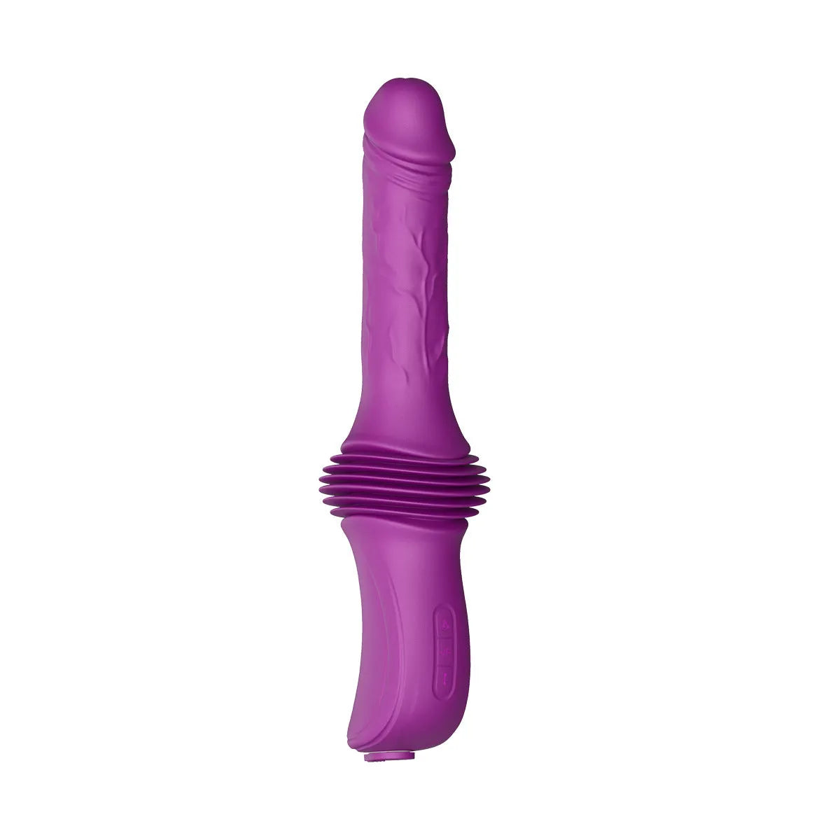 Purple silicone and ABS automatic simulation device with vibration, pulling and inserting action, 290x76x42mm, 70mm stroke