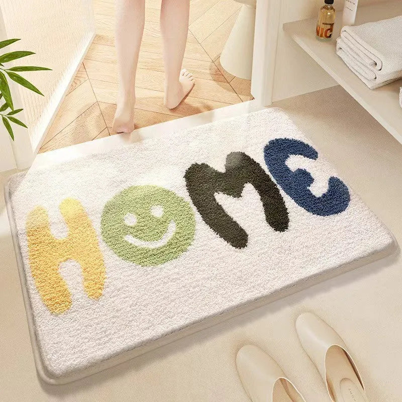 Square cashmere carpet floor mat with rainbow pattern in Sky Sea colour and plastic bottom.