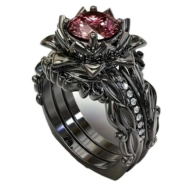 Geometric women's ring with rose zircon ornament in electroplated alloy with flower design elements