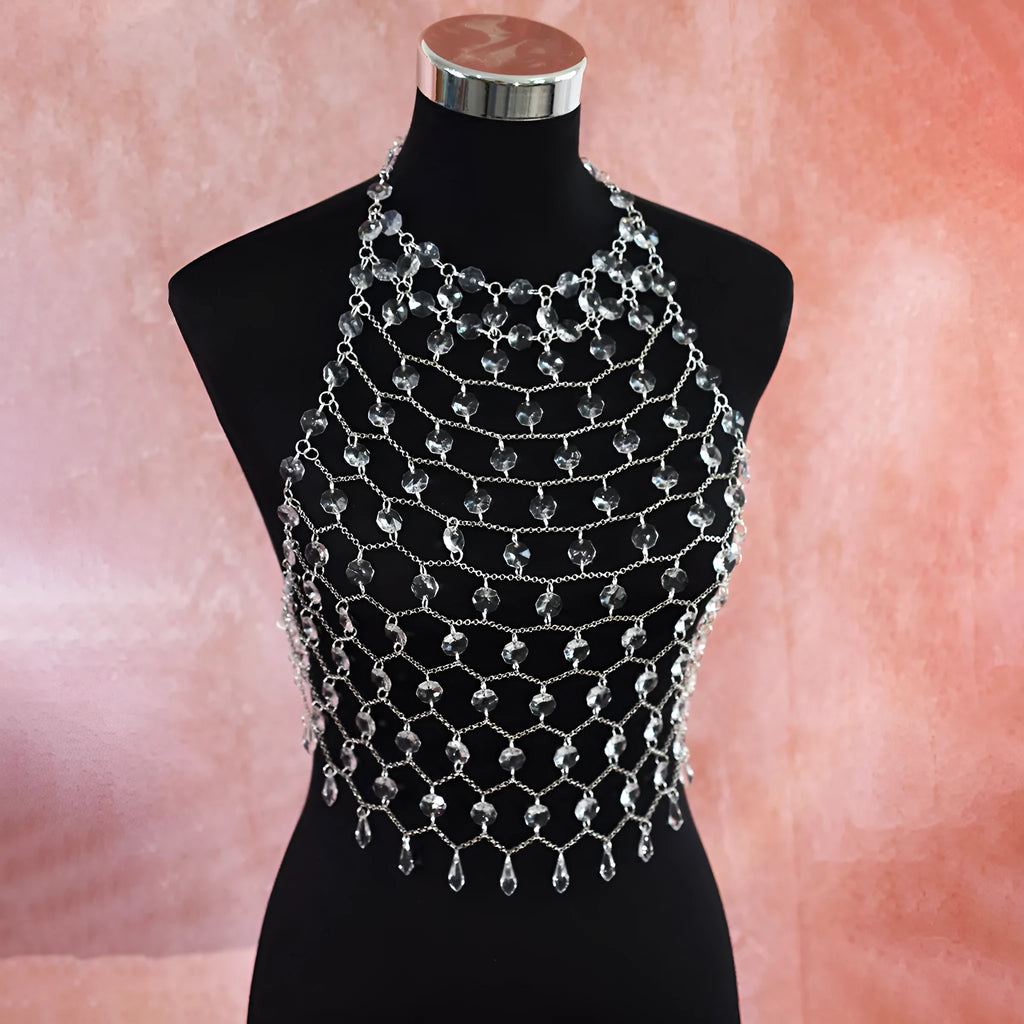 Transparent acrylic crystal sequin body chain with hand-woven plastic and resin construction