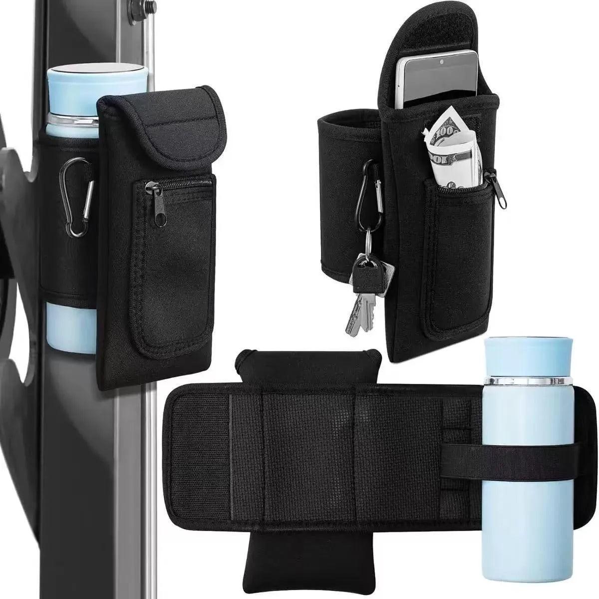 Cloth kettle sleeve for large sports bottles with magnetic and carabiner closure options in various colours.