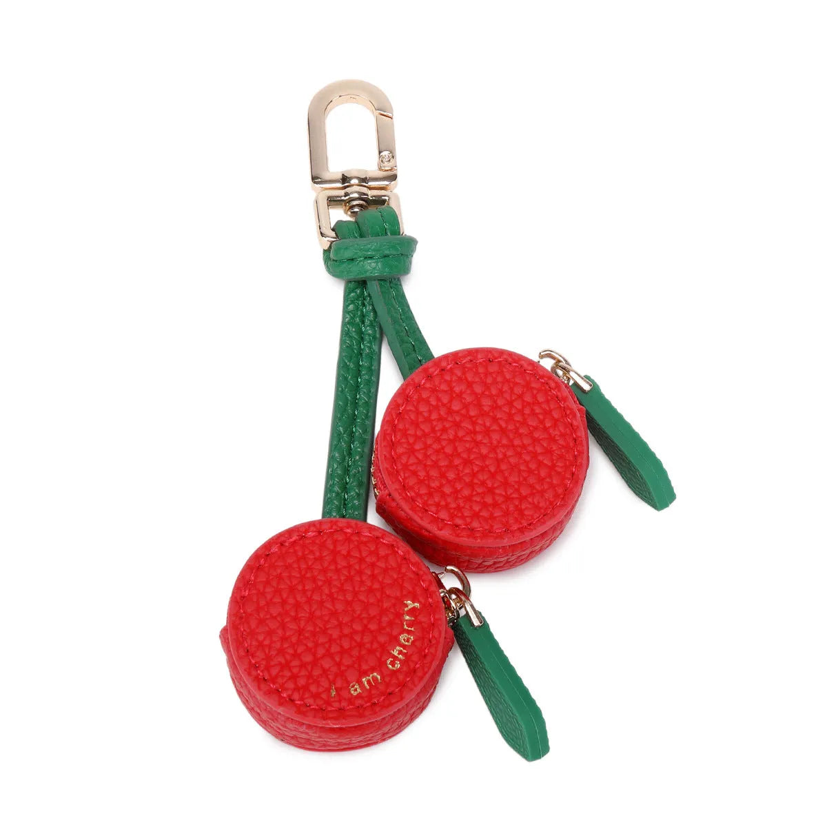 Mini PU leather coin bag keychain in cherry red colour, shown attached to a keyring.
