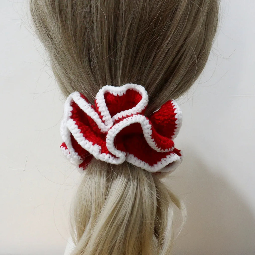 Girls cute bud hair ring with knitted flowers in pink and white polyester