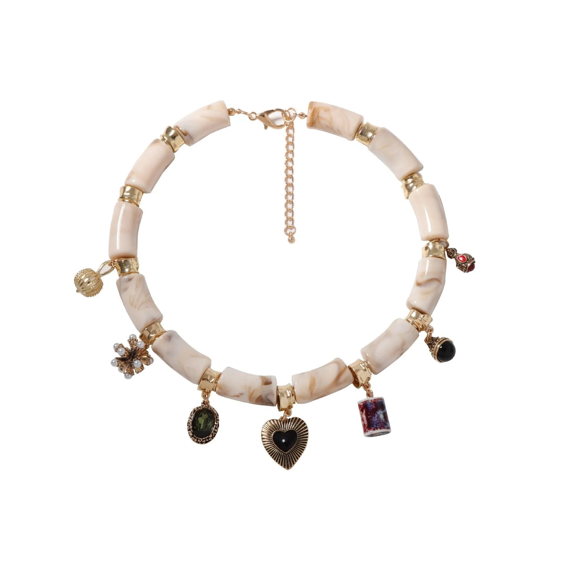 Heart-shaped bamboo pendant necklace with electroplated finish on plastic resin
