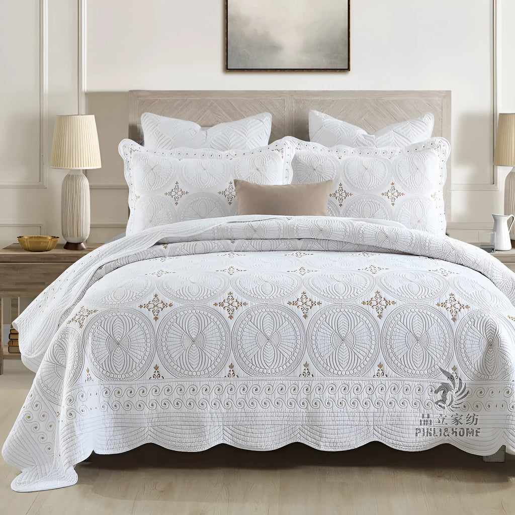 European-style embroidered pure cotton bed cover set with two pillowcases for 1.8 metre bed
