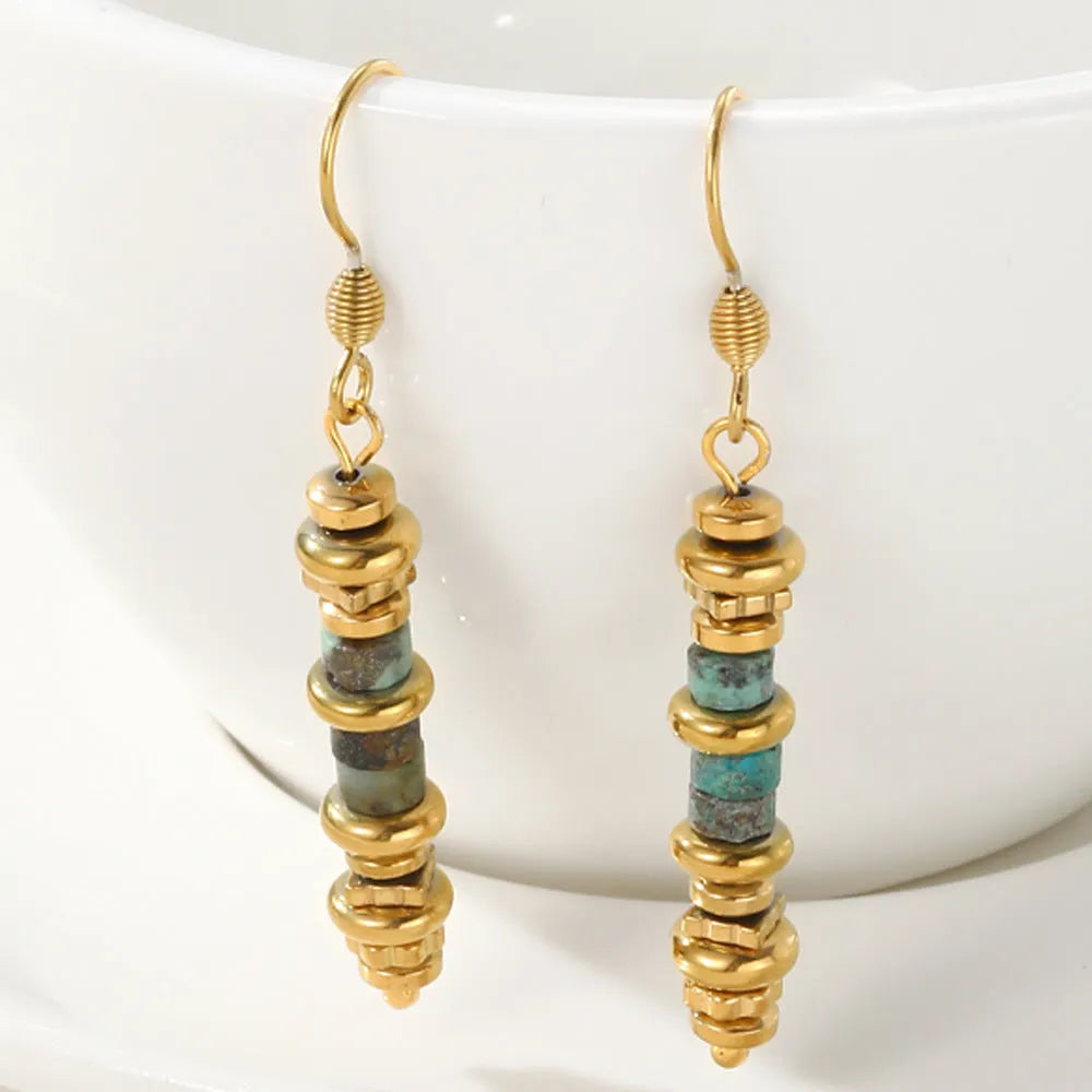 Geometric titanium steel dangle earrings with 18K gold plating in retro design