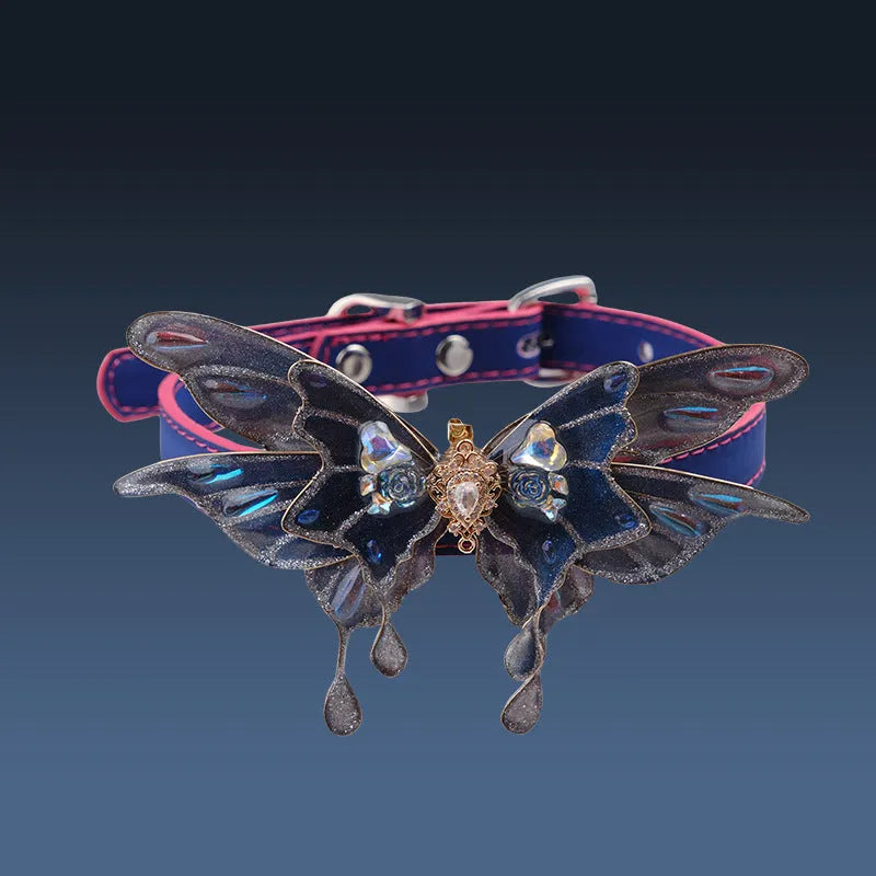 Purple colour-changing butterfly rhinestone collar with alloy pendant on a PU chain.