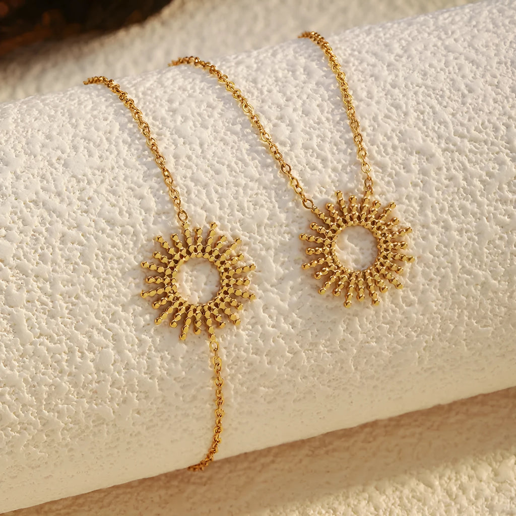 Sunflower series gold necklace and bracelet set for women with geometric chain design