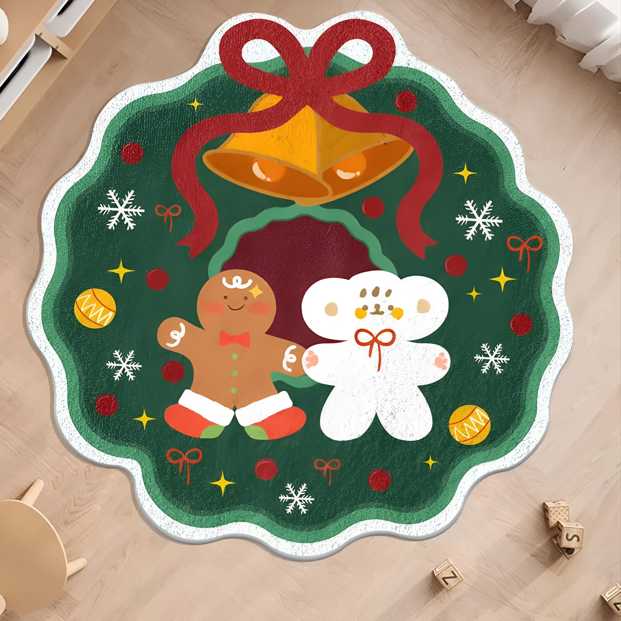 Round Christmas-themed floor carpet in imitation cashmere, showing one of six festive colour patterns.