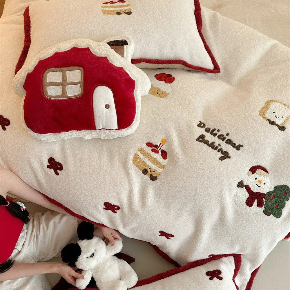 Winter Christmas cartoon bedding four-piece set with bed sheet, pillowcases, and duvet cover