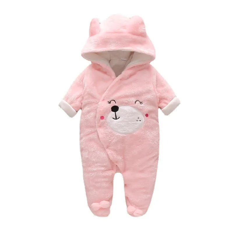 Cartoon bear velvet romper thickened long sleeve baby jumpsuit in white, khaki, pink, or gray