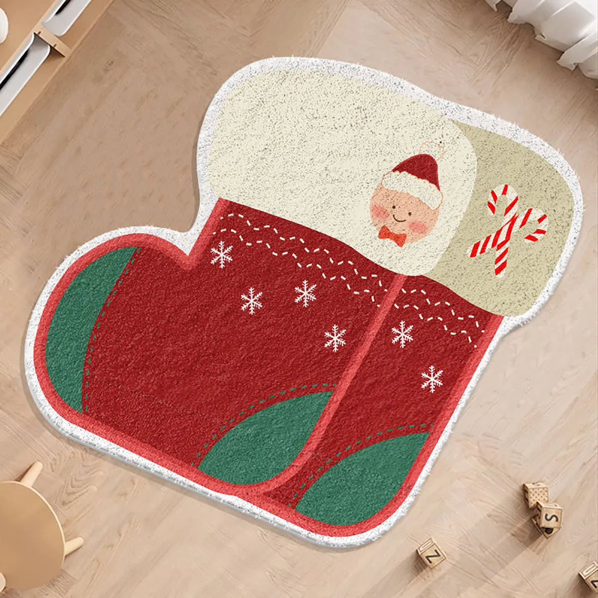 Round Christmas-themed floor carpet in imitation cashmere, showing one of six festive colour patterns.
