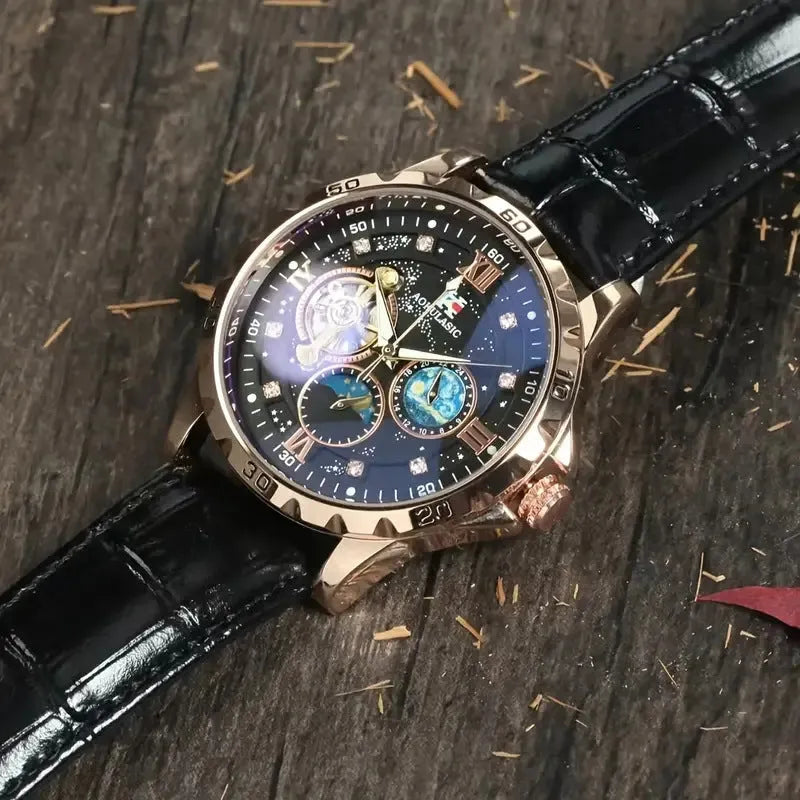 Men's automatic mechanical watch with black hollow dial and rose gold case on a leather strap.