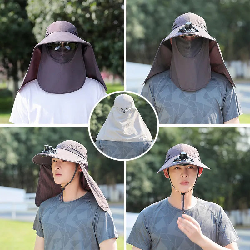 Men's khaki sun hat with built-in fan and neck covering shawl for outdoor fishing.