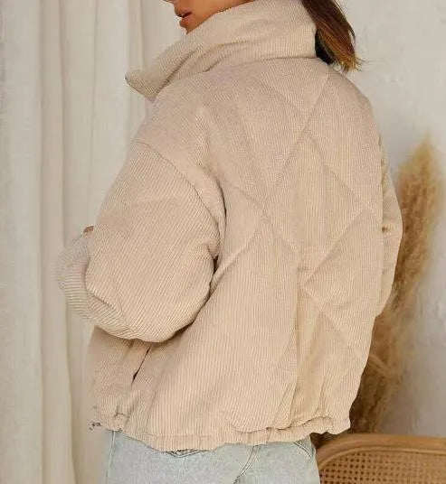 Women's apricot corduroy wadded jacket with stand collar and zip front closure