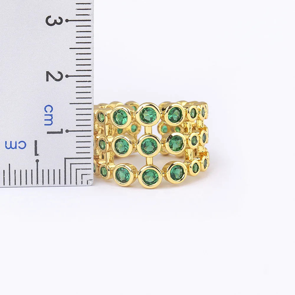 Copper ring with 18K real gold plating and three-layer green zircon stone design