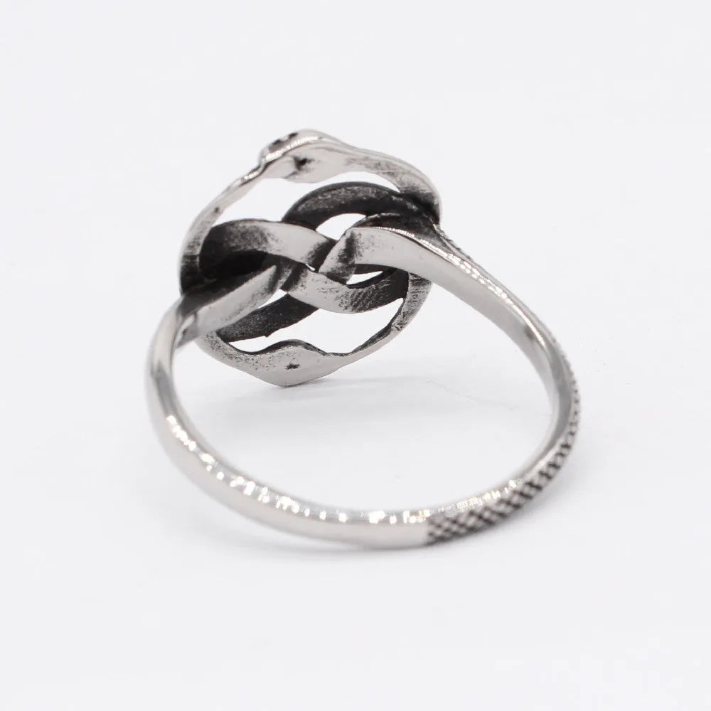 A steel-coloured titanium steel ring featuring a detailed double snake design in a retro style.