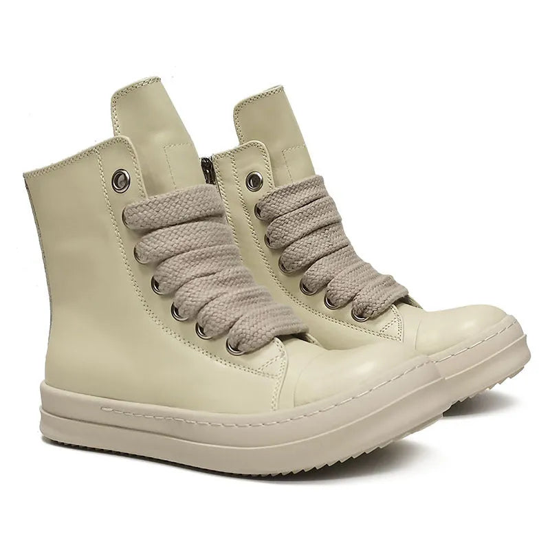 Men's and women's high-top leather sneakers in black with a side zipper and round toe on a rubber sole.