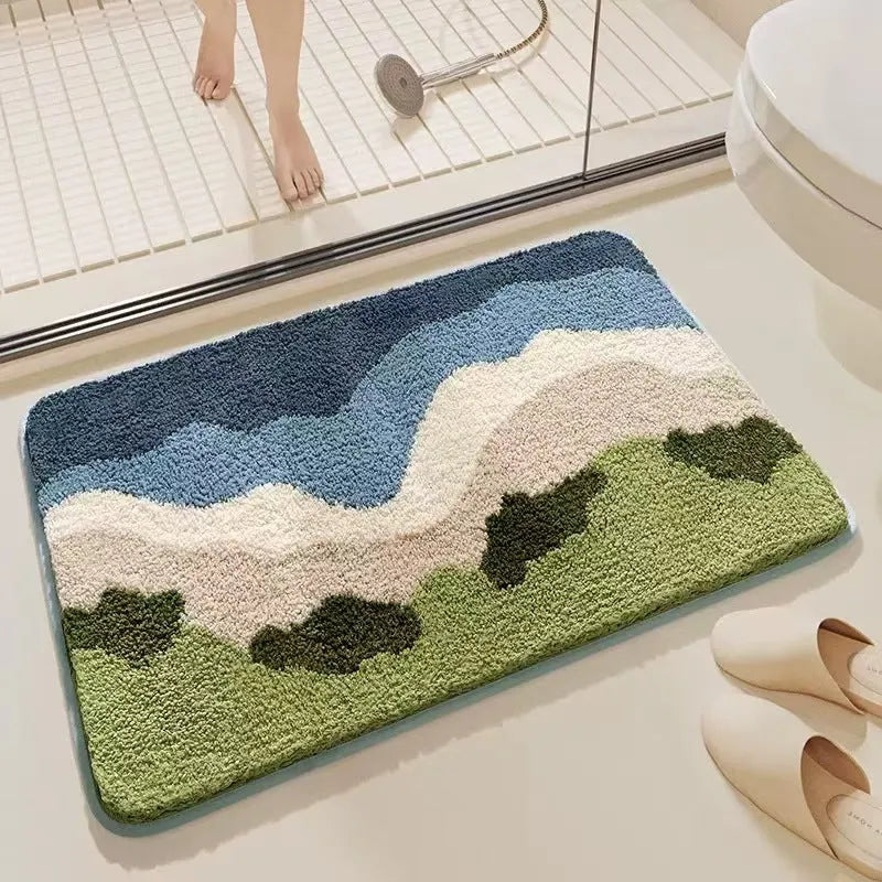 Square cashmere carpet floor mat with rainbow pattern in Sky Sea colour and plastic bottom.
