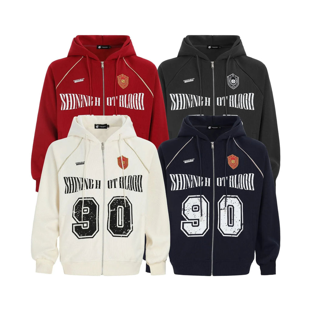 Women's American retro hooded jacket with letter embroidery in cotton blend fabric
