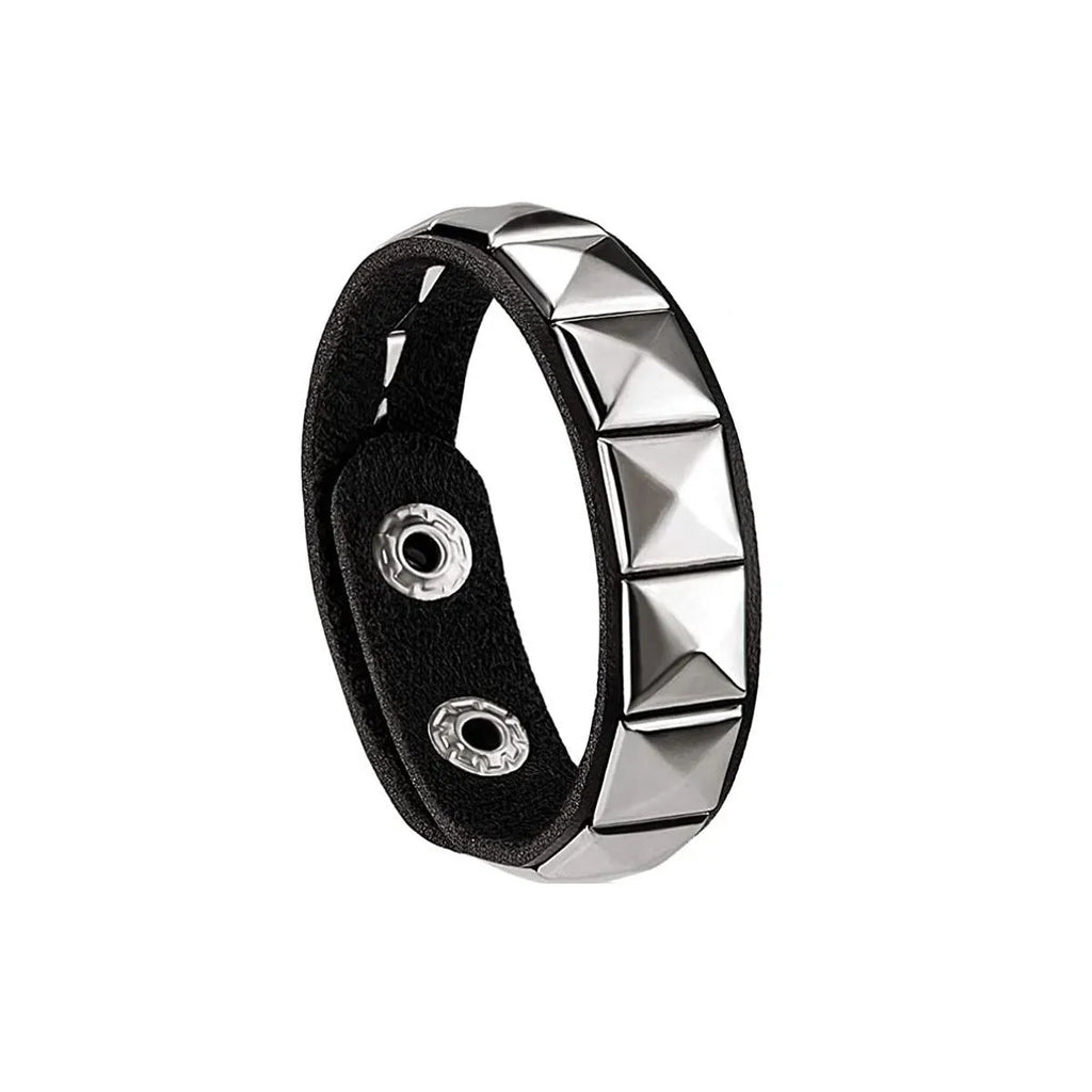 Black PU punk rivet bracelet with geometric shape on unisex wrist