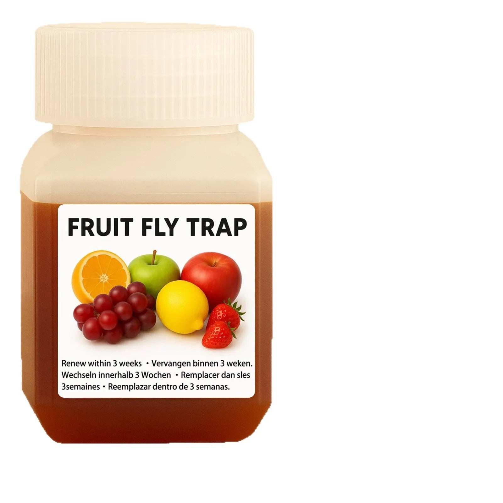 Clear plastic bottle of fruit fly trapper bait liquid for reusable pest control traps