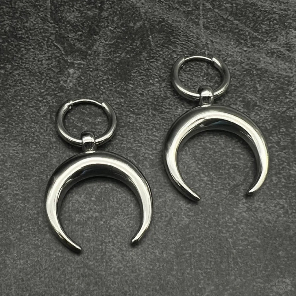 Silver geometric hoop earrings with gothic moon ornament, clip-on design