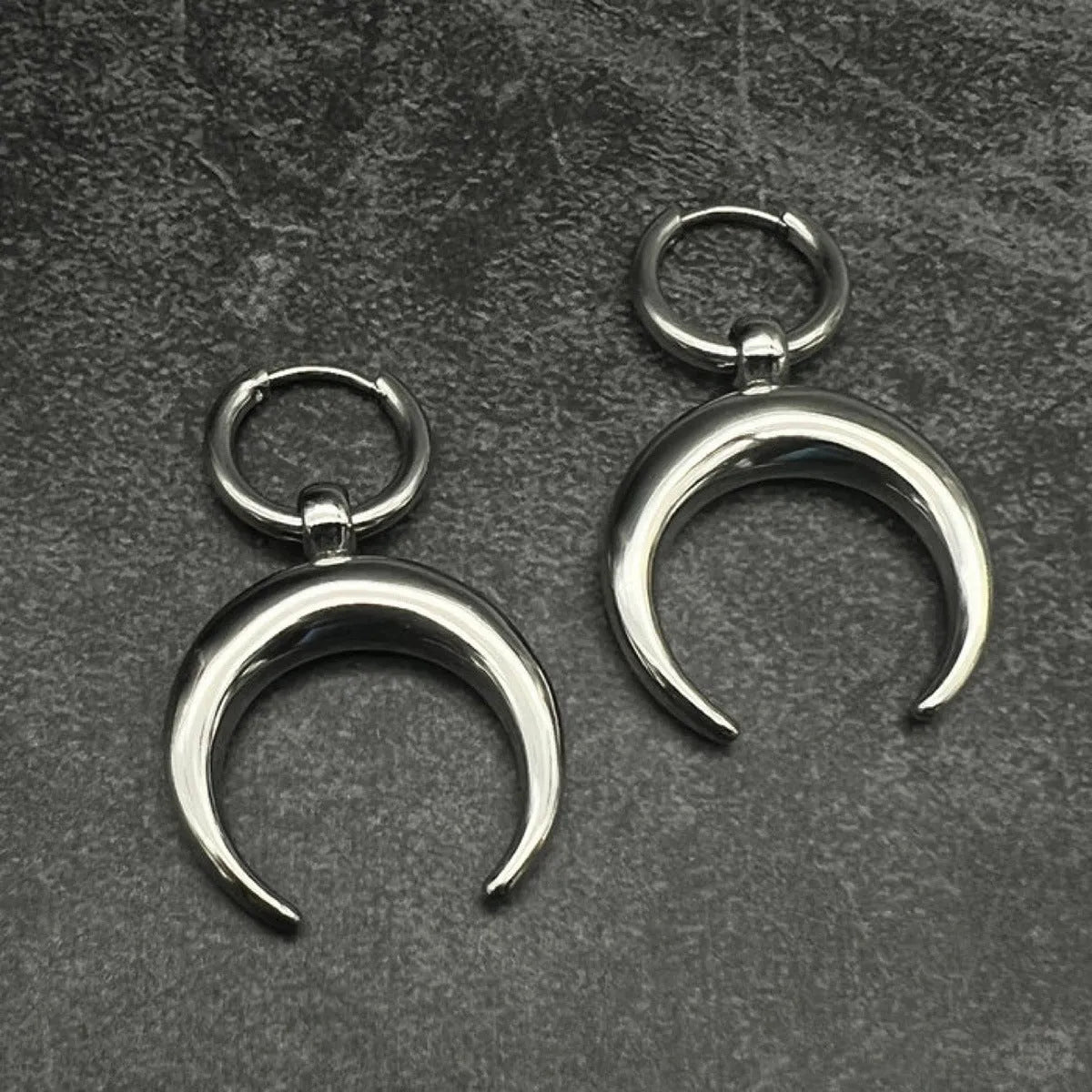 Silver geometric hoop earrings with gothic moon ornament, clip-on design
