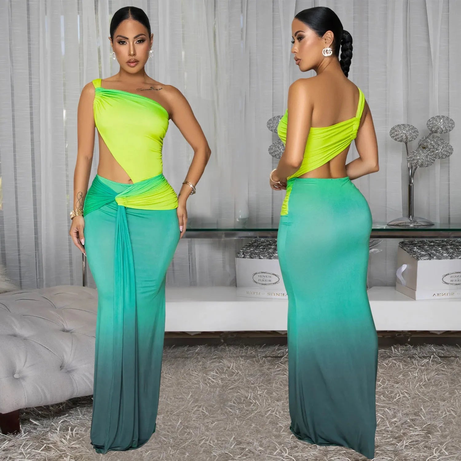 Women's gradient colour sleeveless dress with a cross-shoulder neckline and long A-line skirt.