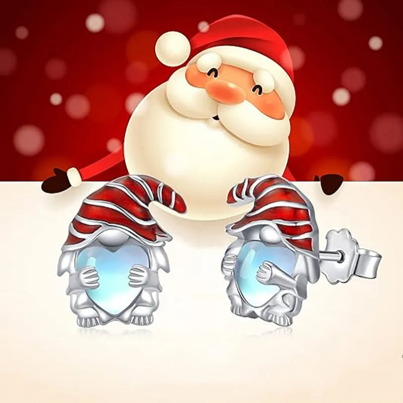 Women's Santa Claus design earrings with heart shapes in electroplated white gold colour on copper material