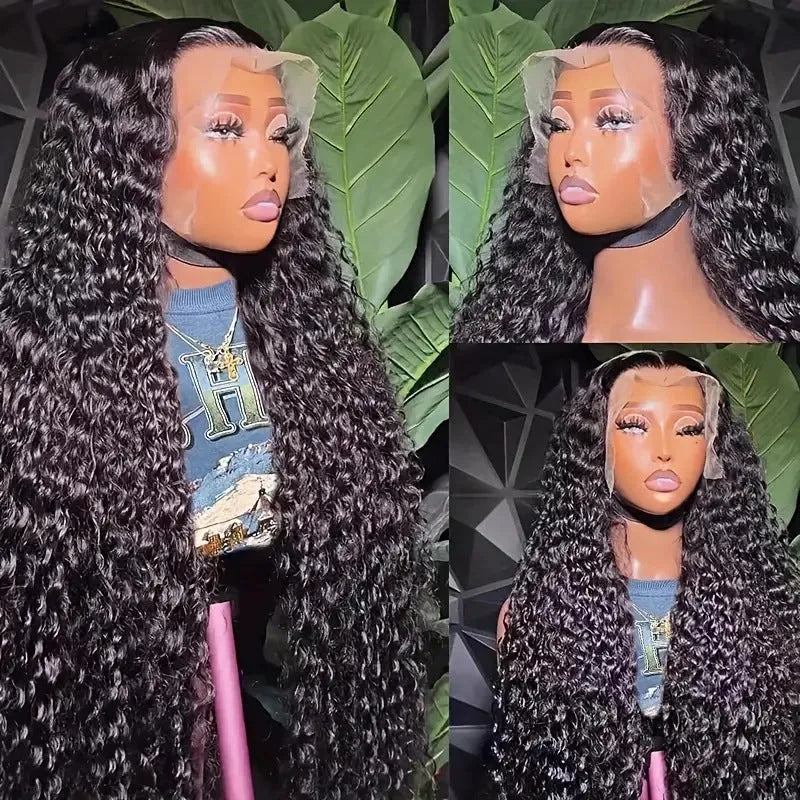 Long curly synthetic lace wig in afro style with side bangs, shown in a dark colour.