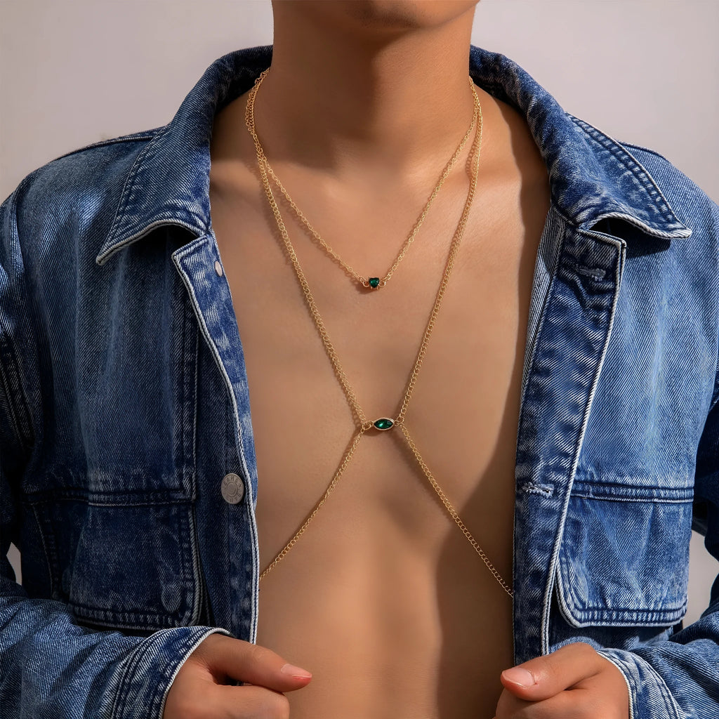 Men's simple gold-toned alloy body chain necklace with electroplated 25729 gold finish on a plain background.