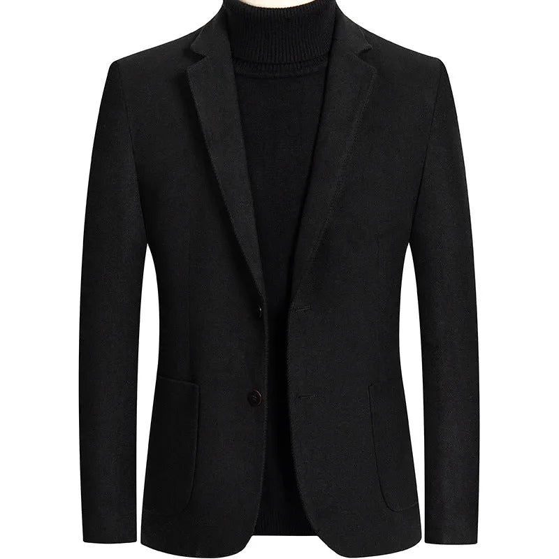 Men's slim fit wool blend suit jacket in a solid colour on a hanger.