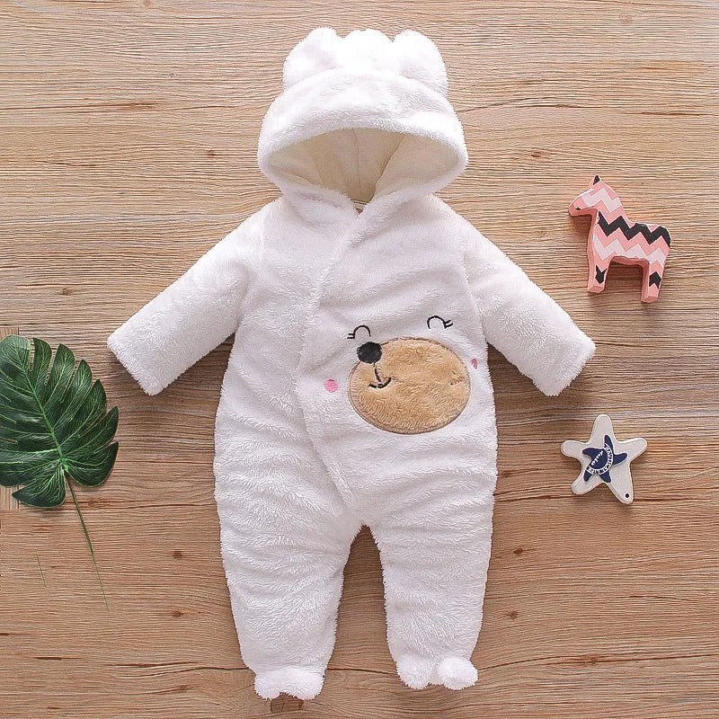 Cartoon bear velvet romper thickened long sleeve baby jumpsuit in white, khaki, pink, or gray