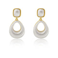 Gold coloured drop shaped earrings with a central imitation pearl, shown on a white background.