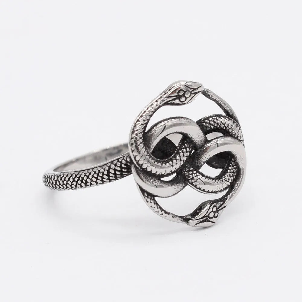 A steel-coloured titanium steel ring featuring a detailed double snake design in a retro style.